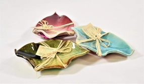 Earthen Vessels Pottery, Hydrangea Leaf Spoon Rest, Tea Bag Coaster, Ring Dish, Set of 3 In Summer Green, Pink & Teal
