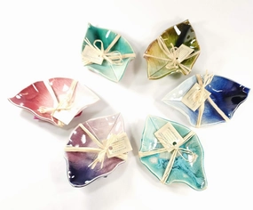 Earthen Vessels Pottery, Stoneware Hydrangea Leaf Spoon Rest, Tea Bag Coaster, Ring Dish or Tea Light Holder, Set of 6 in Summer Pastels: Soft Green, Summer Green, Blue, Teal, Purple & Pink