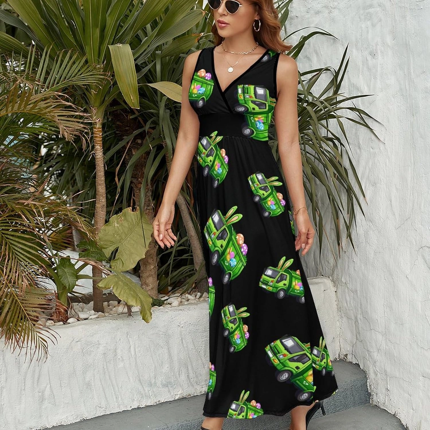 Easter Bunny Garbage Truck Womens Sleeveless Dress V-Neck Maxi Tank Dress Sundress