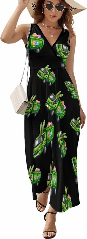 Easter Bunny Garbage Truck Womens Sleeveless Dress V-Neck Maxi Tank Dress Sundress