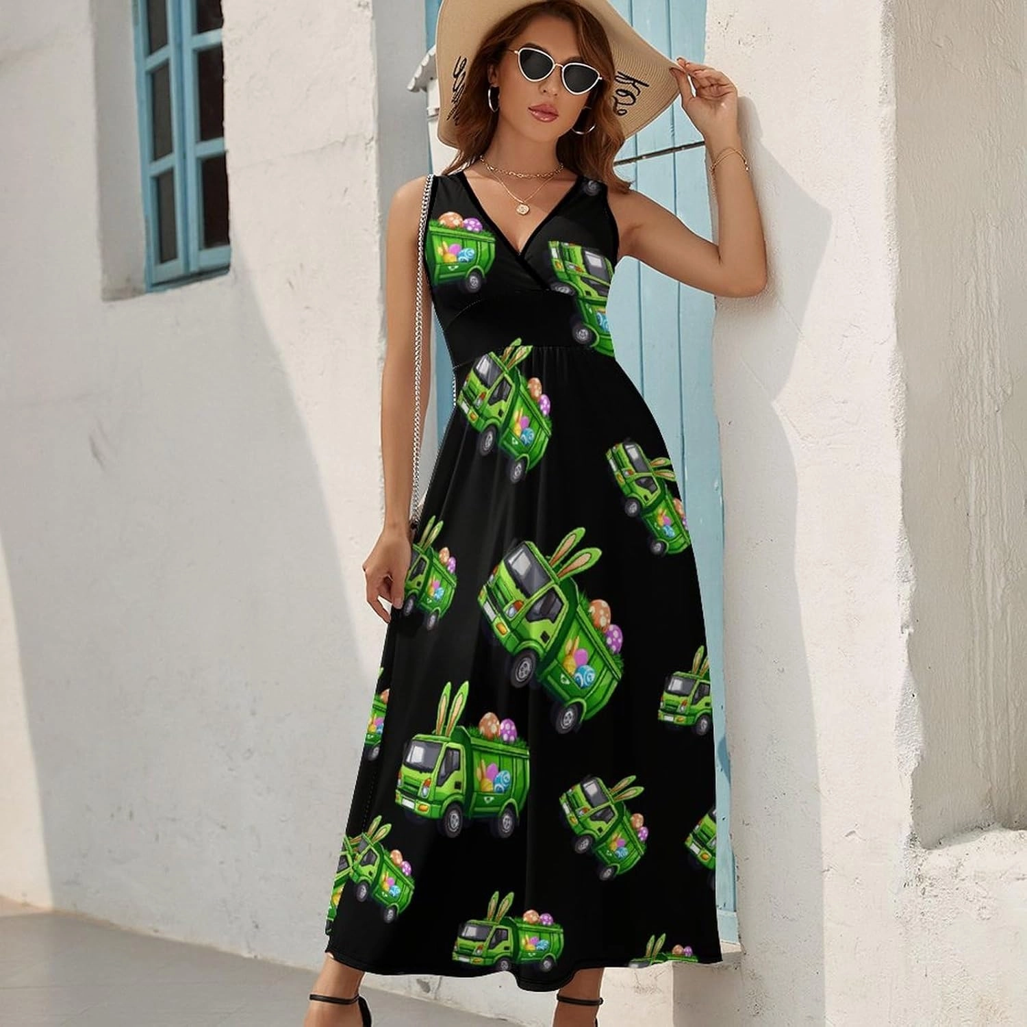 Easter Bunny Garbage Truck Womens Sleeveless Dress V-Neck Maxi Tank Dress Sundress