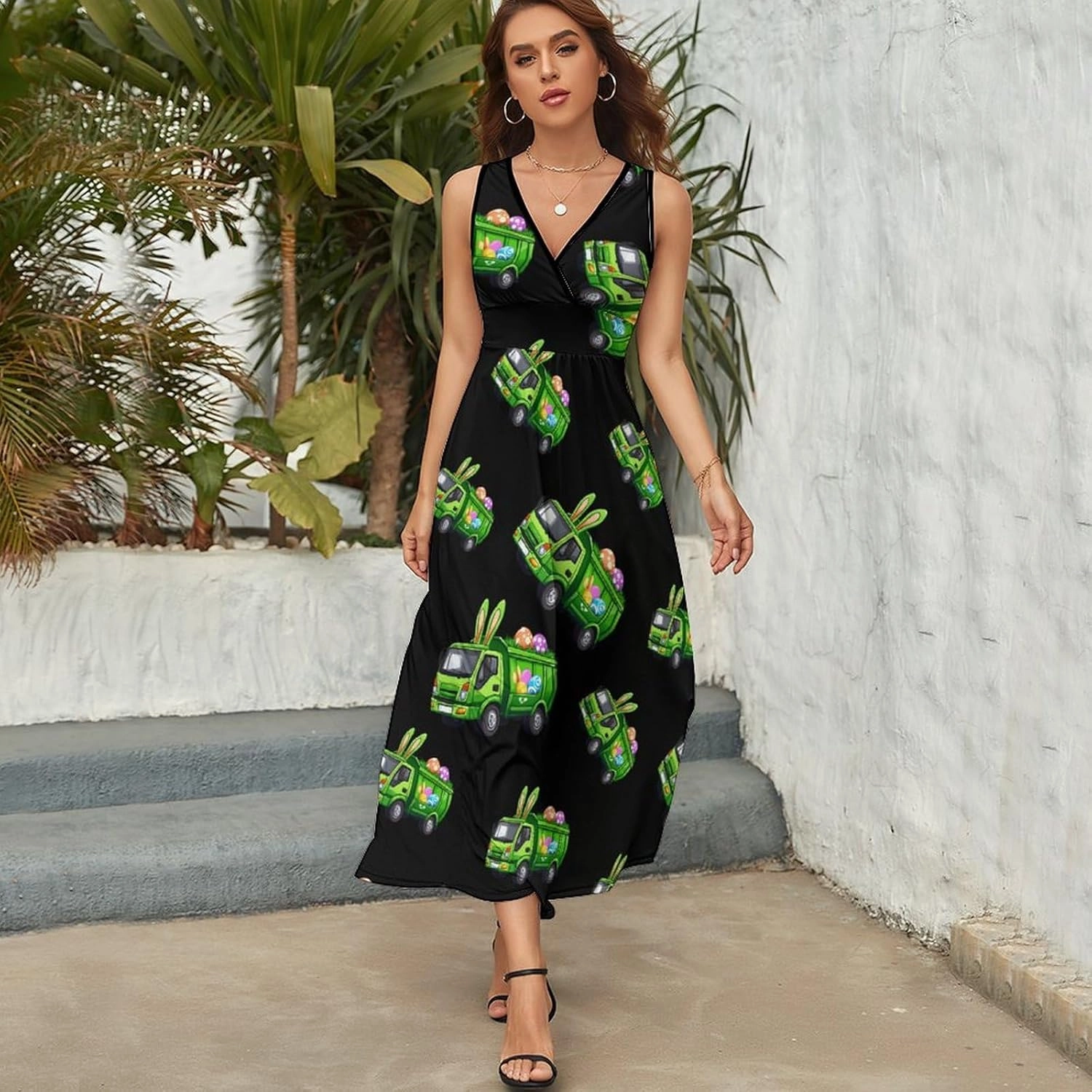 Easter Bunny Garbage Truck Womens Sleeveless Dress V-Neck Maxi Tank Dress Sundress