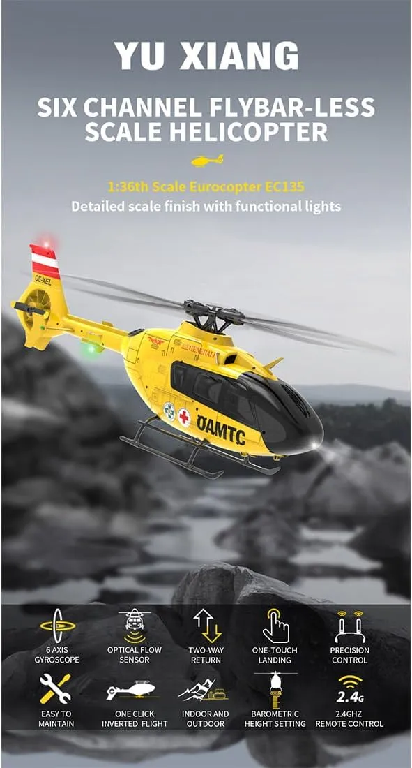 EC-135 RC Brushless Helicopter, 1/36 2.4G 6CH Direct Drive Brushless Remote Control 3D/6G Helicopter Model, RC Aircraft for Adults