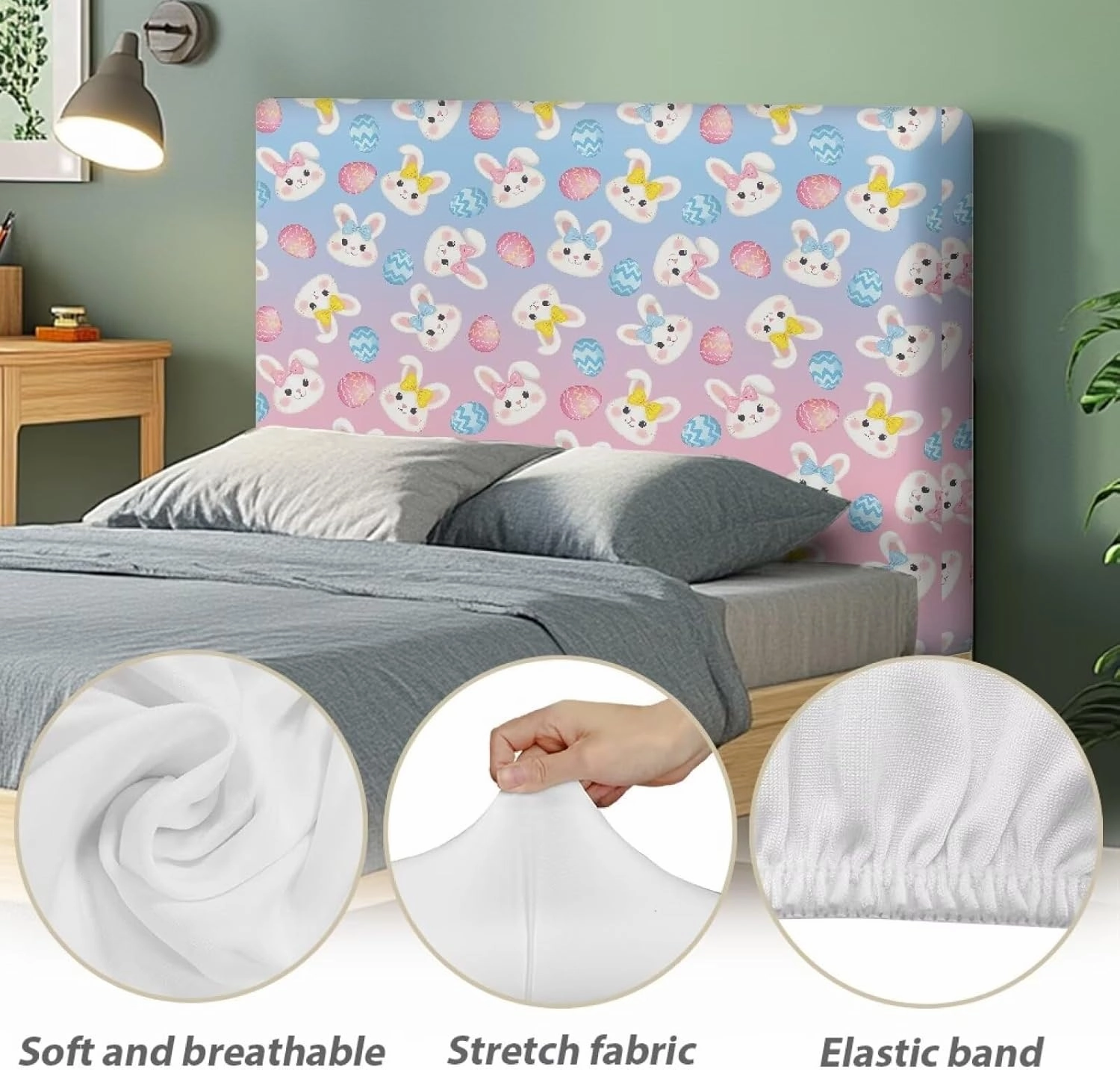 Elastic Bed Headboard Protector Cute Headboard Cover Twin Stretchable Fabric Headboard Slipcover for Dorm Room Bunny Easy to Clean Dustproof Headboard Cover for Girls