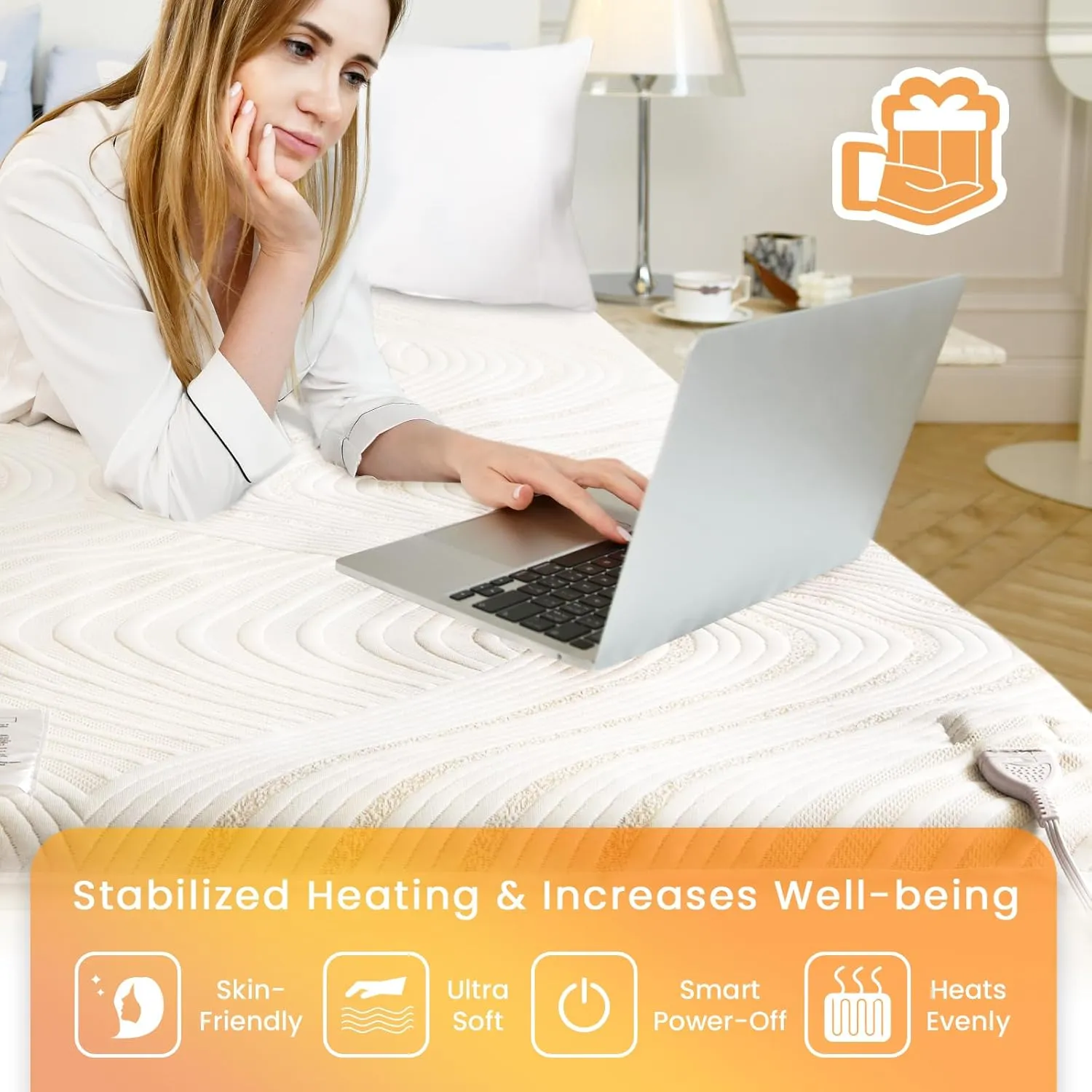 Electric Heated Mattress Pad Queen Size Dual Control Bed Warmer, Deep Pocket, 10-Hour Auto Off, Machine Washable, 3D Air Layer Fabric, 60"x80", Gold
