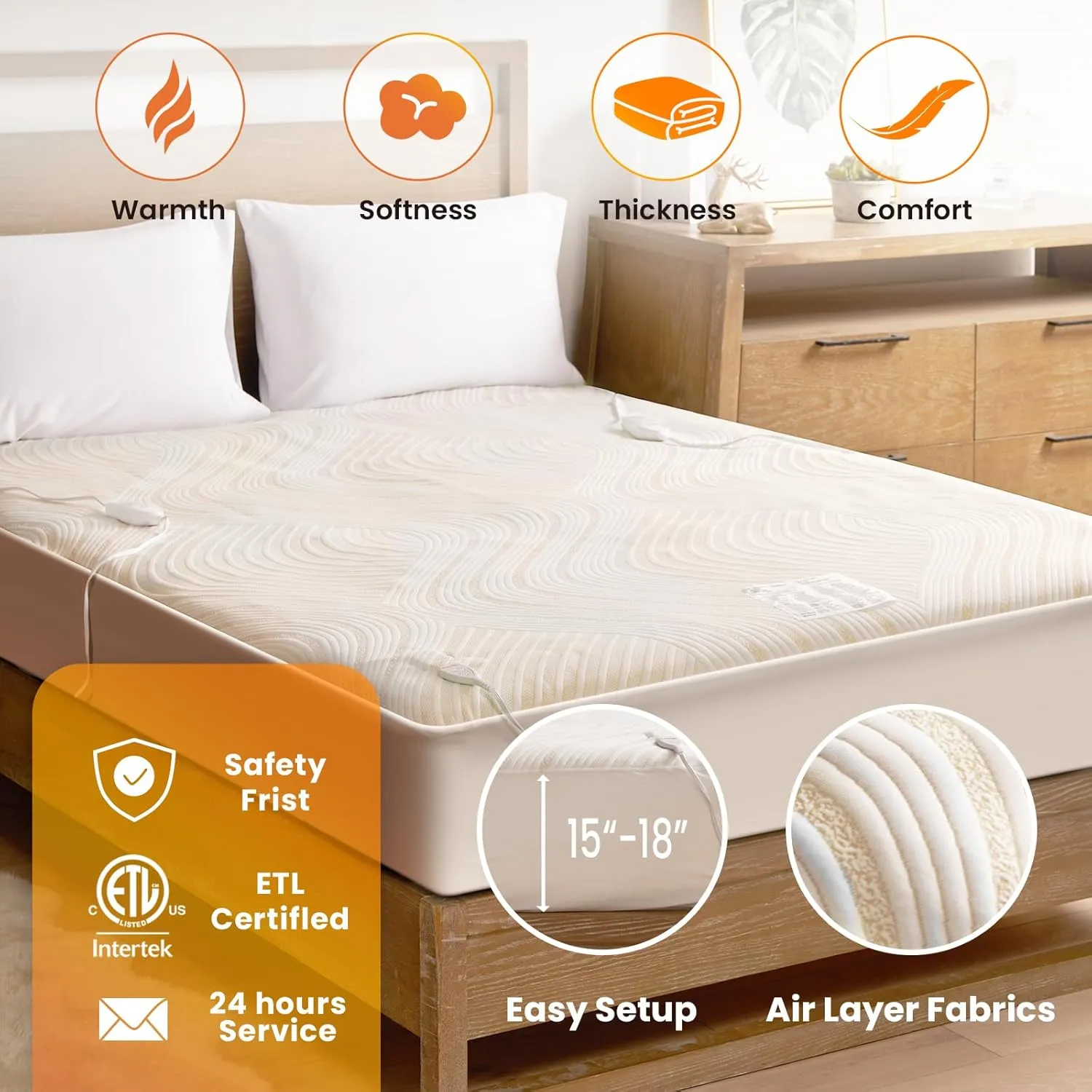 Electric Heated Mattress Pad Queen Size Dual Control Bed Warmer, Deep Pocket, 10-Hour Auto Off, Machine Washable, 3D Air Layer Fabric, 60"x80", Gold