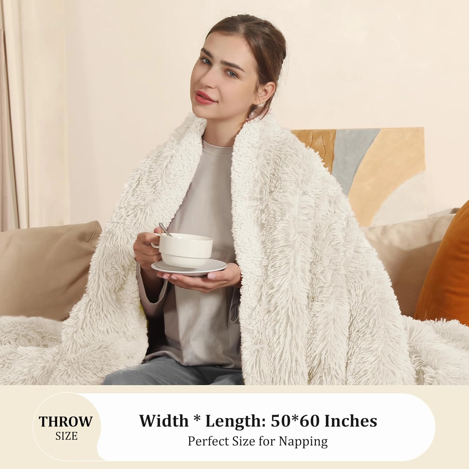 Electric Blanket Heated Throw, Super Cozy Luxury Faux Fur & Extra Thick Sherpa Electric Throw Blanket with 5 Heating Levels & 4 Hours Auto Off, Fast Heating & ETL & FCC Certification, 50" x 60", Cream