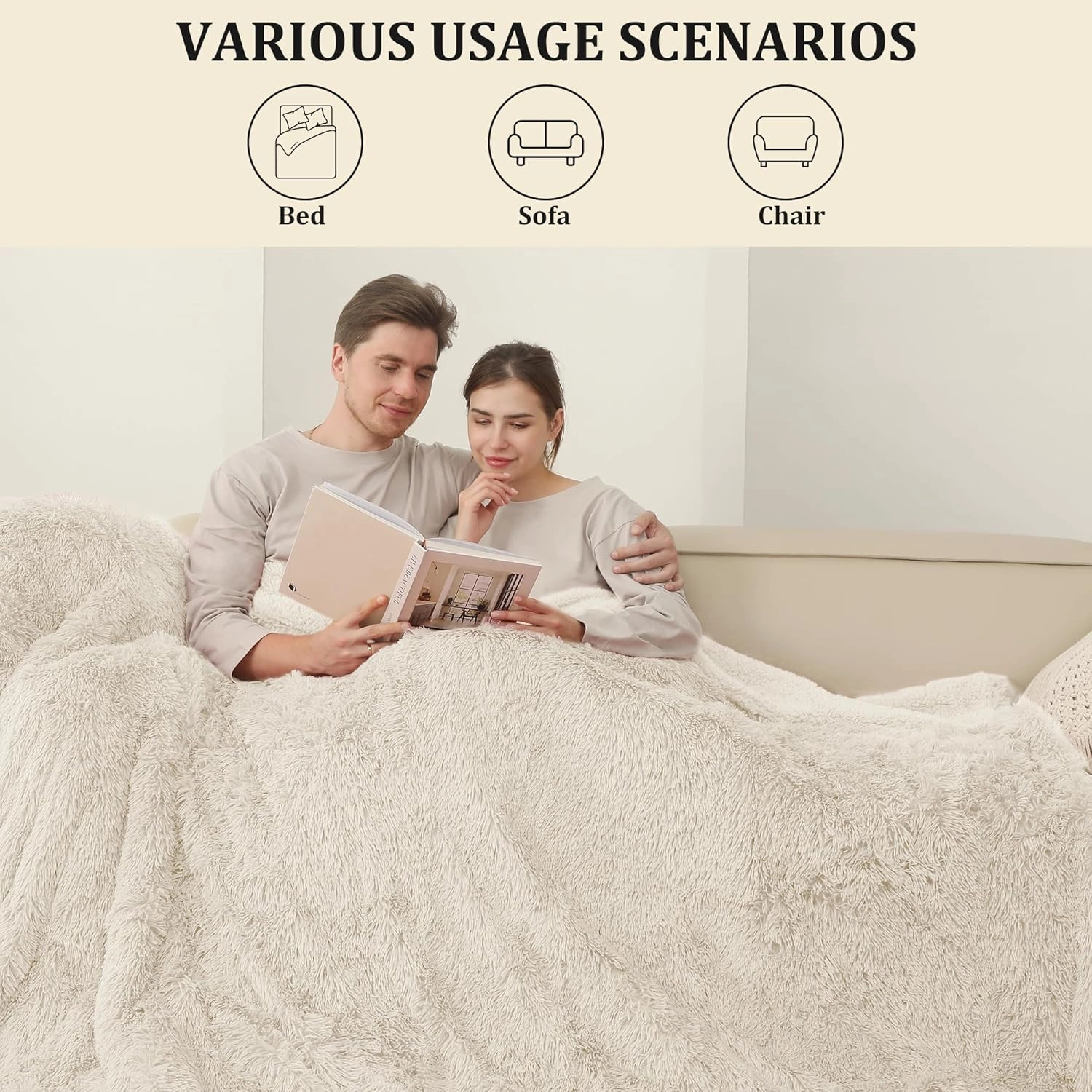 Electric Blanket Heated Throw, Super Cozy Luxury Faux Fur & Extra Thick Sherpa Electric Throw Blanket with 5 Heating Levels & 4 Hours Auto Off, Fast Heating & ETL & FCC Certification, 50" x 60", Cream