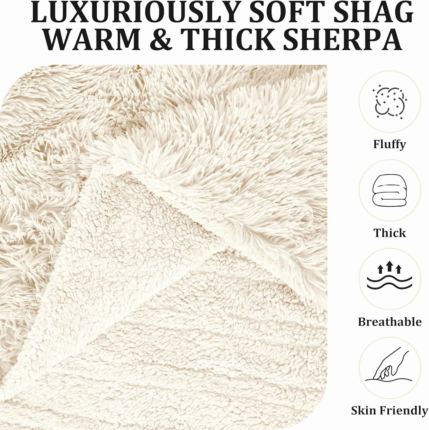 Electric Blanket Heated Throw, Super Cozy Luxury Faux Fur & Extra Thick Sherpa Electric Throw Blanket with 5 Heating Levels & 4 Hours Auto Off, Fast Heating & ETL & FCC Certification, 50" x 60", Cream