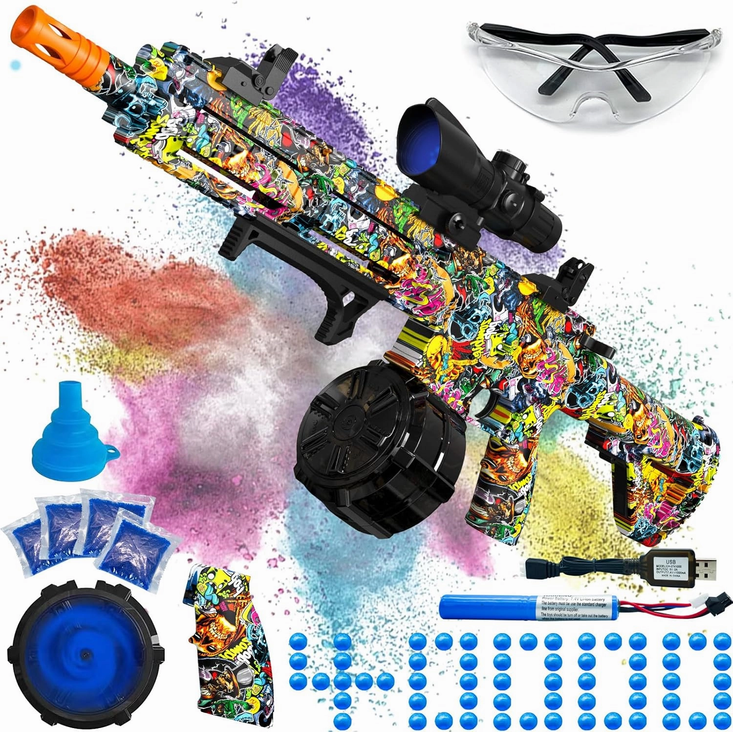 Electric Gel Ball Blaster, High Speed Automatic Splatter Ball Blaster with 40008  and Goggles, JIFTOK Rechargeable Splatter Ball Toys for Outdoor Activities Shooting Game Party Favors - Graffiti