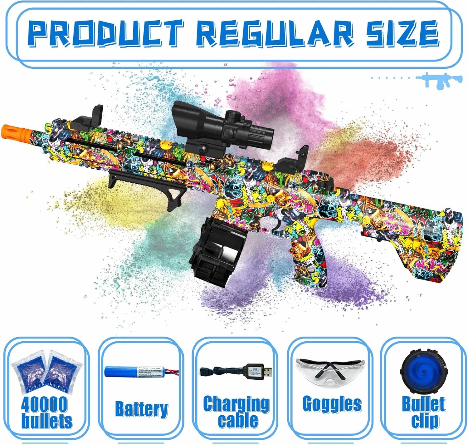 Electric Gel Ball Blaster, High Speed Automatic Splatter Ball Blaster with 40008  and Goggles, JIFTOK Rechargeable Splatter Ball Toys for Outdoor Activities Shooting Game Party Favors - Graffiti
