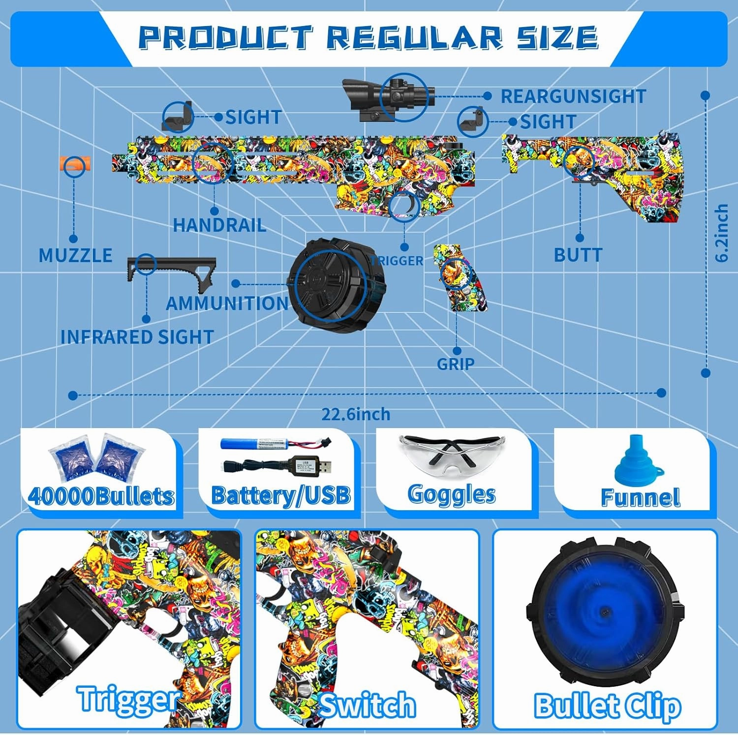 Electric Gel Ball Blaster, High Speed Automatic Splatter Ball Blaster with 40008  and Goggles, JIFTOK Rechargeable Splatter Ball Toys for Outdoor Activities Shooting Game Party Favors - Graffiti