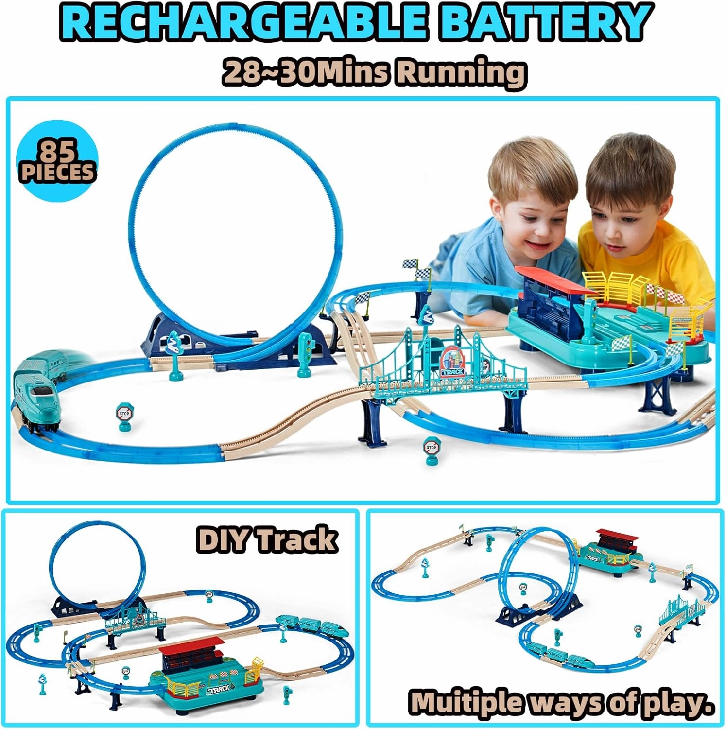 Electric Train Sets, Christmas Trains Toys Rail Head, Passenger Carriages, Tracks, Light & Sounds Rechargeable 360° Transformed DIY Train Track Set Birthday Gifts for Boys Girls