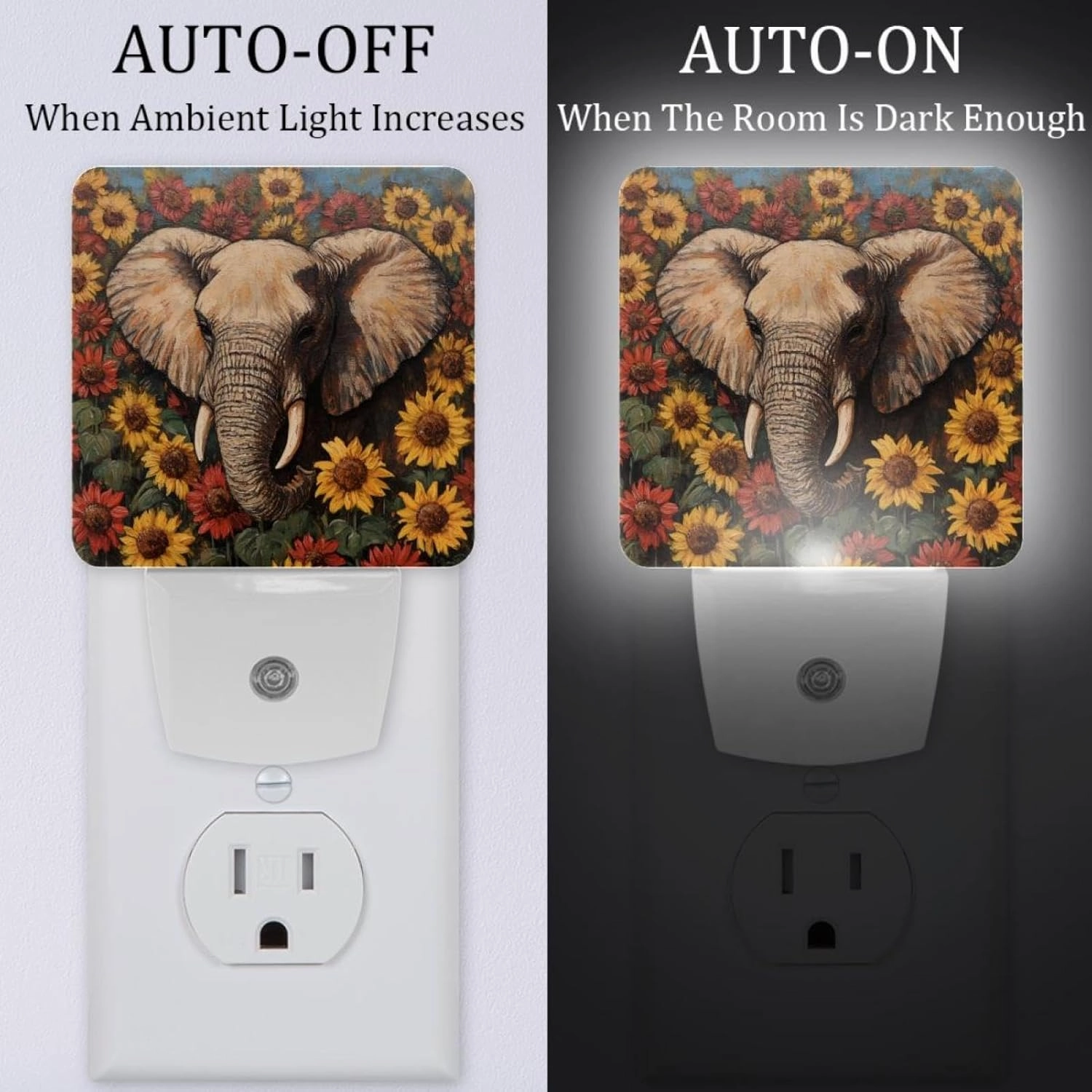 Elephant and Sunflowers Plug in LED Night Light Auto Sensor Dusk to Dawn Decorative Night for Bedroom, Bathroom, Kitchen, Hallway, Stairs, Hallway, Baby's Room, Energy Saving