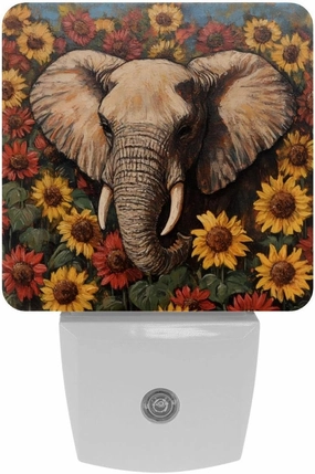 Elephant and Sunflowers Plug in LED Night Light Auto Sensor Dusk to Dawn Decorative Night for Bedroom, Bathroom, Kitchen, Hallway, Stairs, Hallway, Baby's Room, Energy Saving