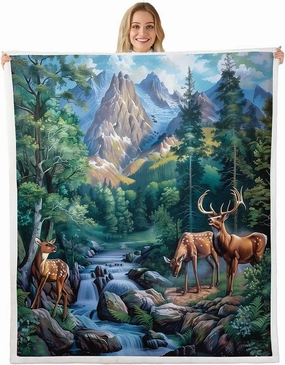 Erosebridal Deer Hunting Queen 90"X90" Fleece Blankets Woodland Wildlife Sherpa Blankets Nature Wild Deer Animal Throw Blanket Rustic Cabin Jungle Elk Flannel Blanket for Kids Boys Girls Bed Sofa