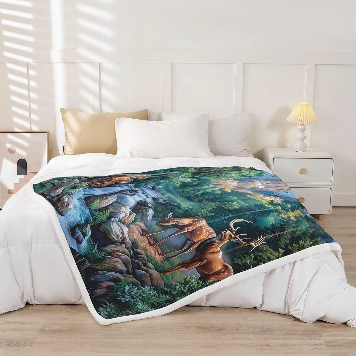 Erosebridal Deer Hunting Queen 90"X90" Fleece Blankets Woodland Wildlife Sherpa Blankets Nature Wild Deer Animal Throw Blanket Rustic Cabin Jungle Elk Flannel Blanket for Kids Boys Girls Bed Sofa