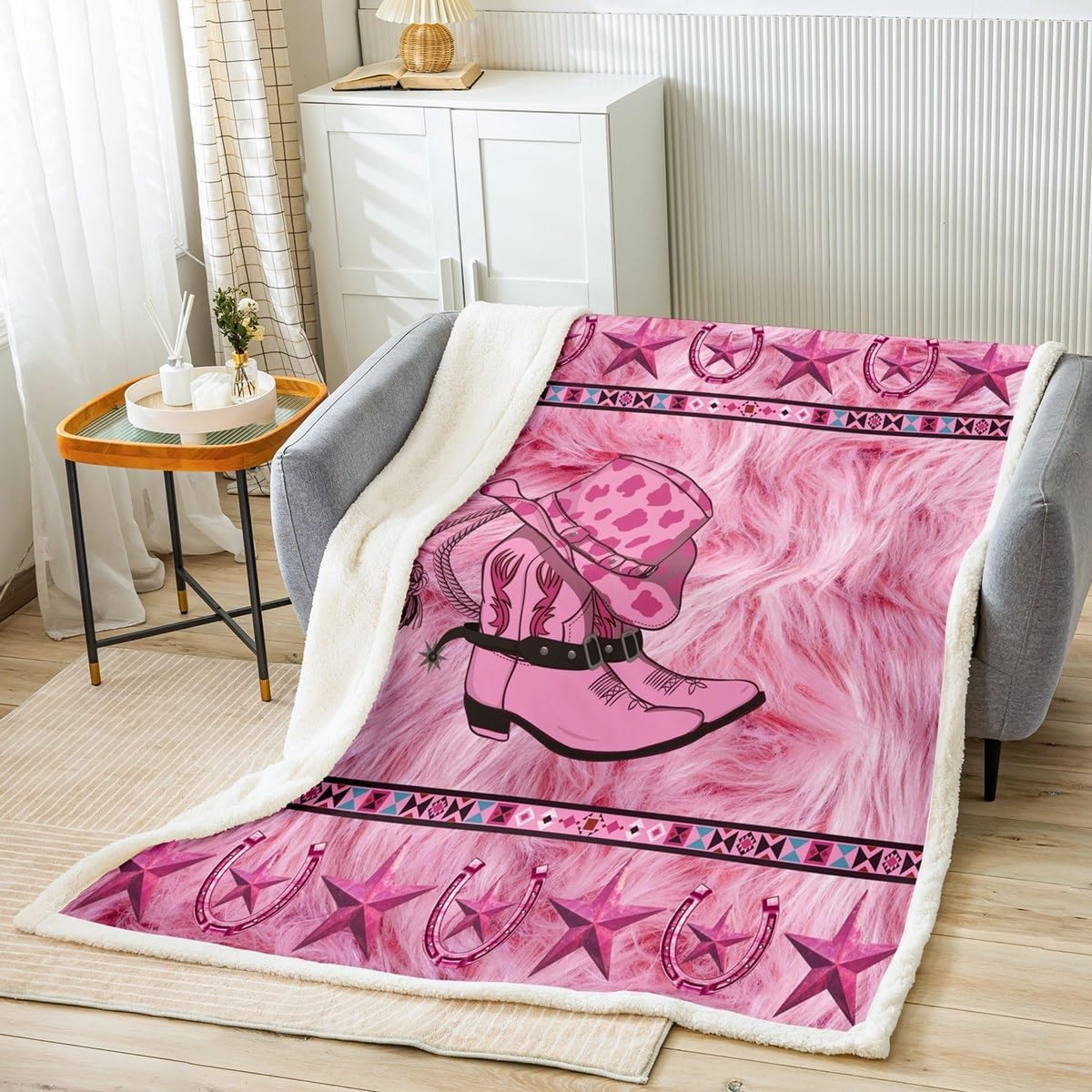 Erosebridal Girls Pink Western Cowgirl Fleece Bed Blanket Baby 30"X40",Western Aztec Cow Print Throw Fleece Blankets Texas Star Horseshoe Cowhide Sherpa Blankets Cowgirl Hats Boots Flannel Blanket