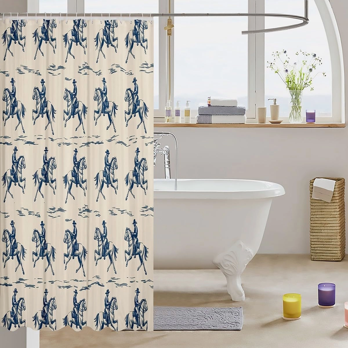 Erosebridal Horse Race Bath Curtain 72" Wx84 L Racing Rustic Bathroom Accessories for Kids Boys Men Gaming Sports Western Cowboy Blue Yellow Waterproof Shower Curtain