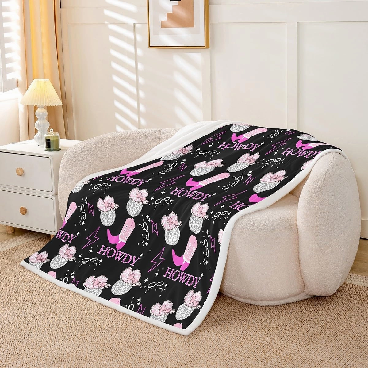 Erosebridal Western Cowgirls Baby 30"X40" Throw Blanket for Girls,Disco Ball Hats Kids Fleece Blanket Pink Boots Lightning Sherpa Blanket White Bow Black Flannel Blanket for Teen Adults Bed