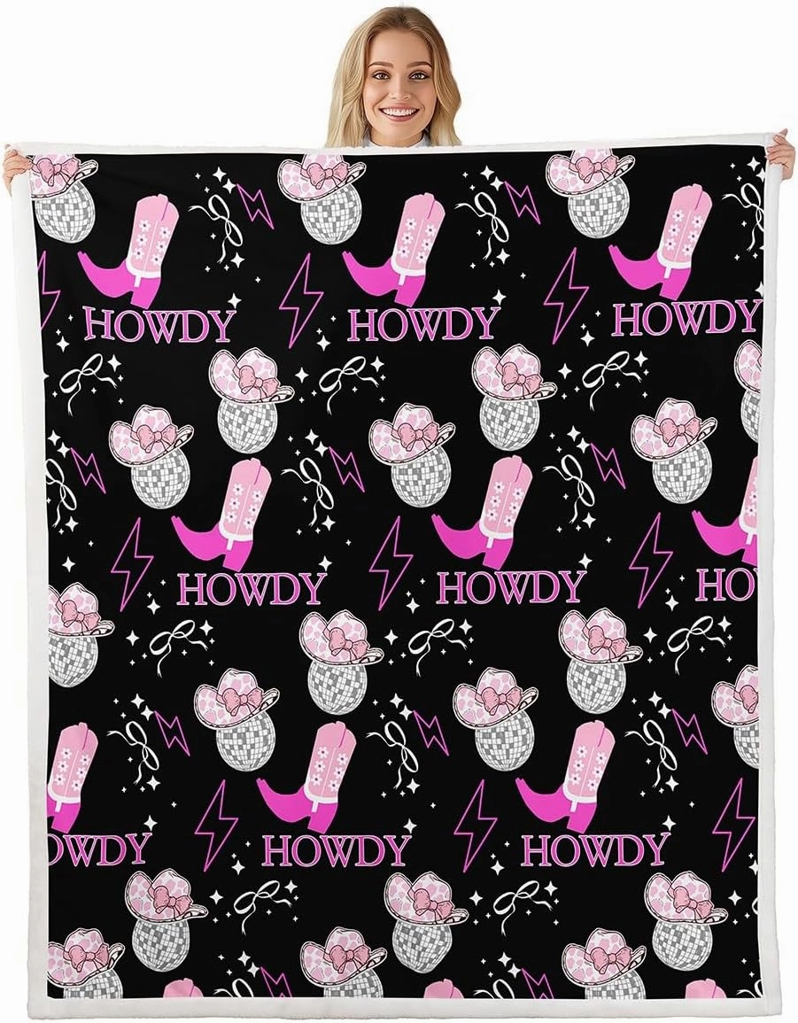 Erosebridal Western Cowgirls Baby 30"X40" Throw Blanket for Girls,Disco Ball Hats Kids Fleece Blanket Pink Boots Lightning Sherpa Blanket White Bow Black Flannel Blanket for Teen Adults Bed