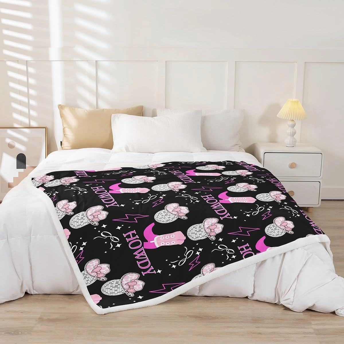 Erosebridal Western Cowgirls Baby 30"X40" Throw Blanket for Girls,Disco Ball Hats Kids Fleece Blanket Pink Boots Lightning Sherpa Blanket White Bow Black Flannel Blanket for Teen Adults Bed