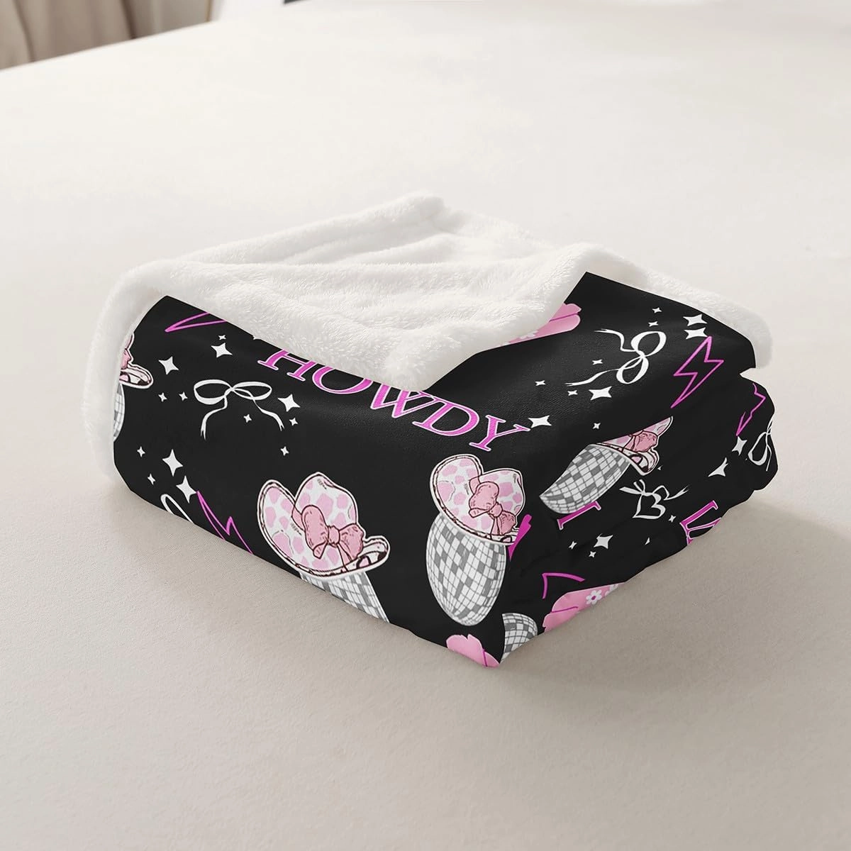 Erosebridal Western Cowgirls Baby 30"X40" Throw Blanket for Girls,Disco Ball Hats Kids Fleece Blanket Pink Boots Lightning Sherpa Blanket White Bow Black Flannel Blanket for Teen Adults Bed