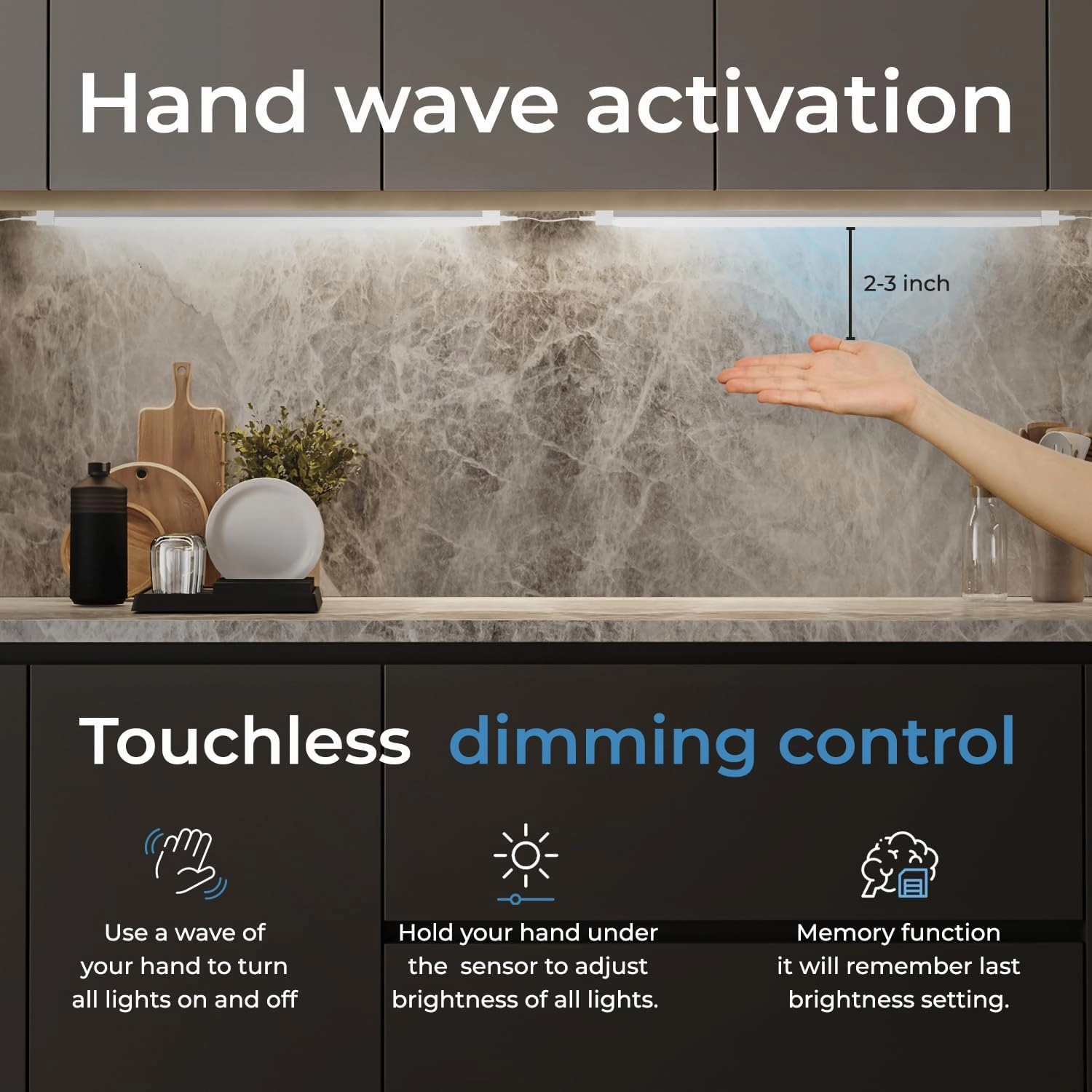 EShine Hand Wave Activated Under Cabinet LED Lighting Kit, Dimmable, 3-Pack 12 in - Touchless Dimming Control, White Under Counter Lights for Kitchen, Garage, Office, Desk - Warm White (3000K)