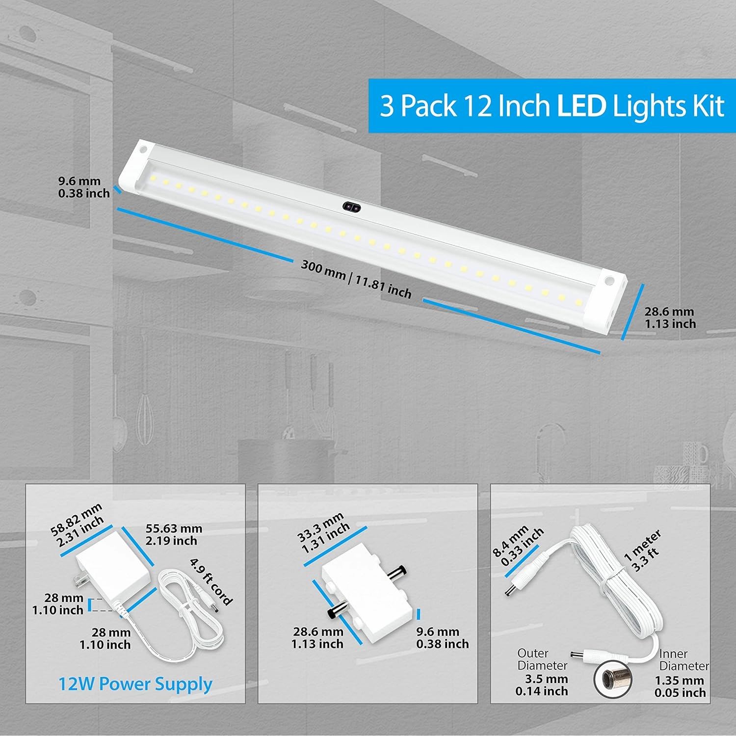 EShine Hand Wave Activated Under Cabinet LED Lighting Kit, Dimmable, 3-Pack 12 in - Touchless Dimming Control, White Under Counter Lights for Kitchen, Garage, Office, Desk - Warm White (3000K)