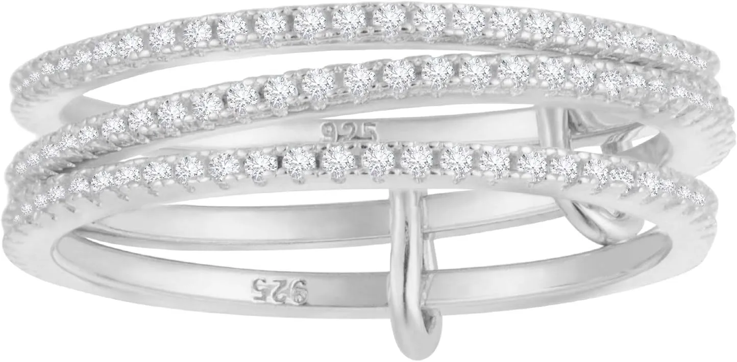 espere Rhodium Plated Sterling Silver Dainty Three Band Ring | Women's CZ Triple Eternity Ring | Thin Wedding Band for Stacking