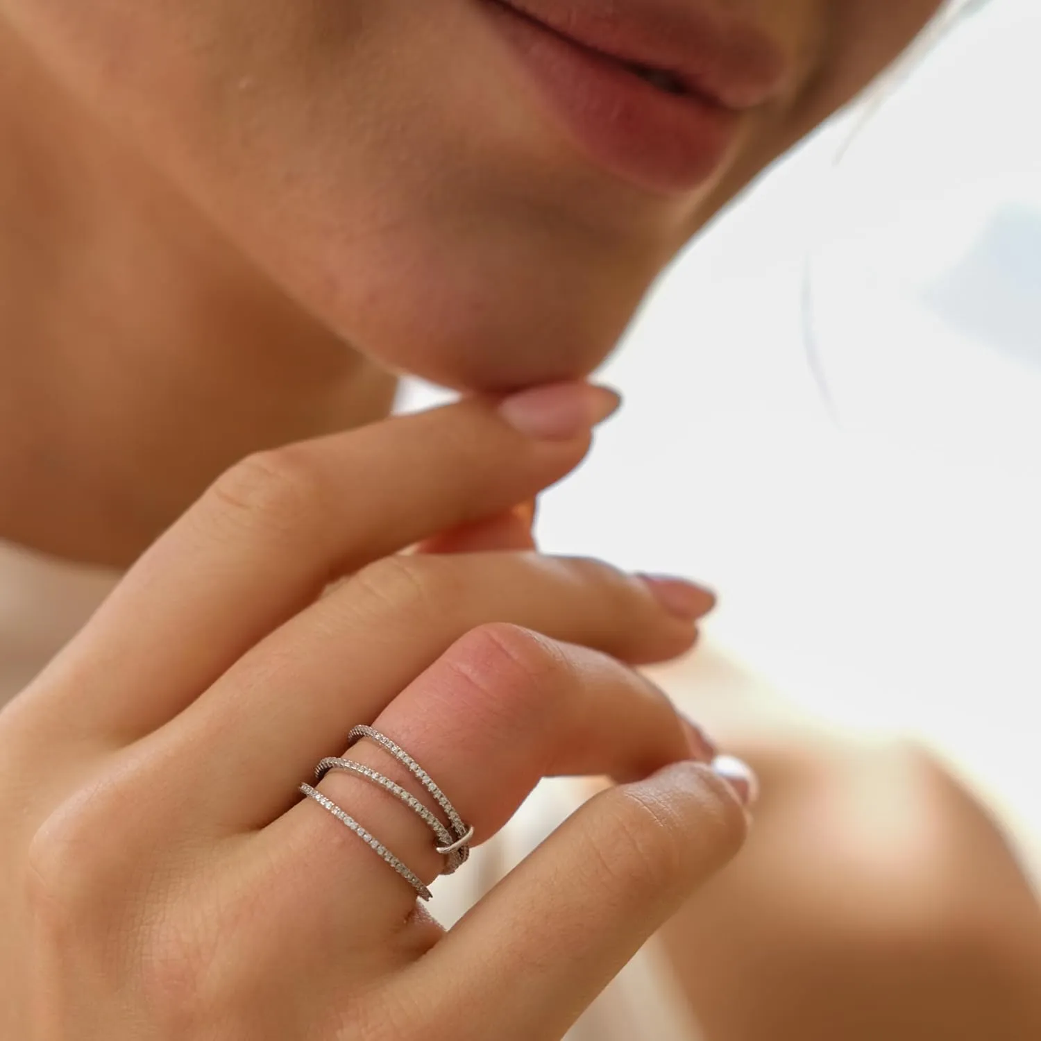 espere Rhodium Plated Sterling Silver Dainty Three Band Ring | Women's CZ Triple Eternity Ring | Thin Wedding Band for Stacking