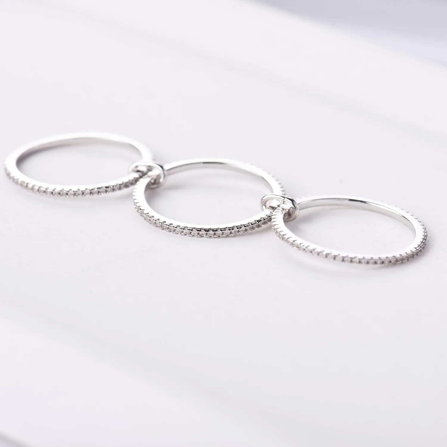 espere Rhodium Plated Sterling Silver Dainty Three Band Ring | Women's CZ Triple Eternity Ring | Thin Wedding Band for Stacking