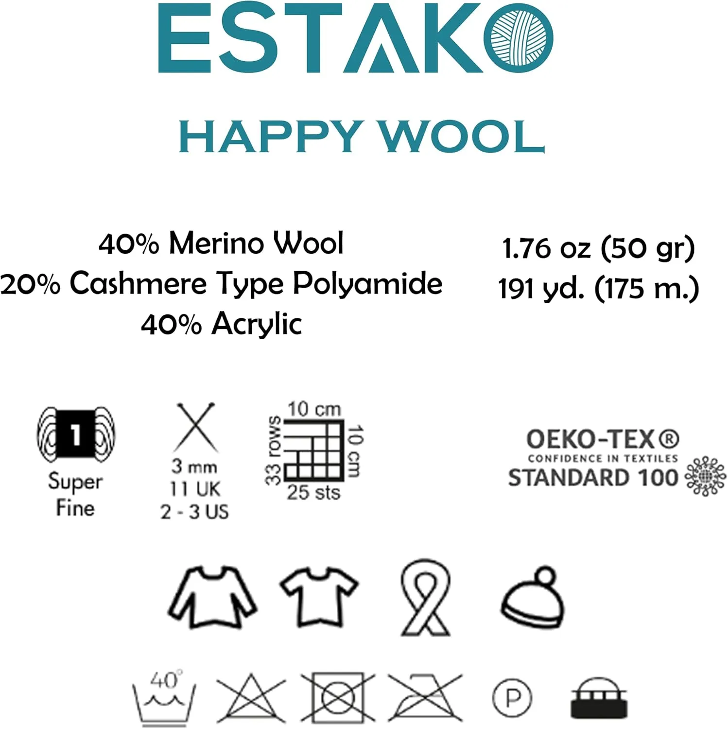 Estako Happy Wool (6 Skeins Pack) 40% Merino Wool 20% Cashmere Type Polyamide 40% Acyrlic Fingering Weight Soft Knitting and Crochet Yarn (6 x 1.76 oz) (6 x 191 yds) (8007 - Brown)