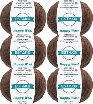 Estako Happy Wool (6 Skeins Pack) 40% Merino Wool 20% Cashmere Type Polyamide 40% Acyrlic Fingering Weight Soft Knitting and Crochet Yarn (6 x 1.76 oz) (6 x 191 yds) (8007 - Brown)