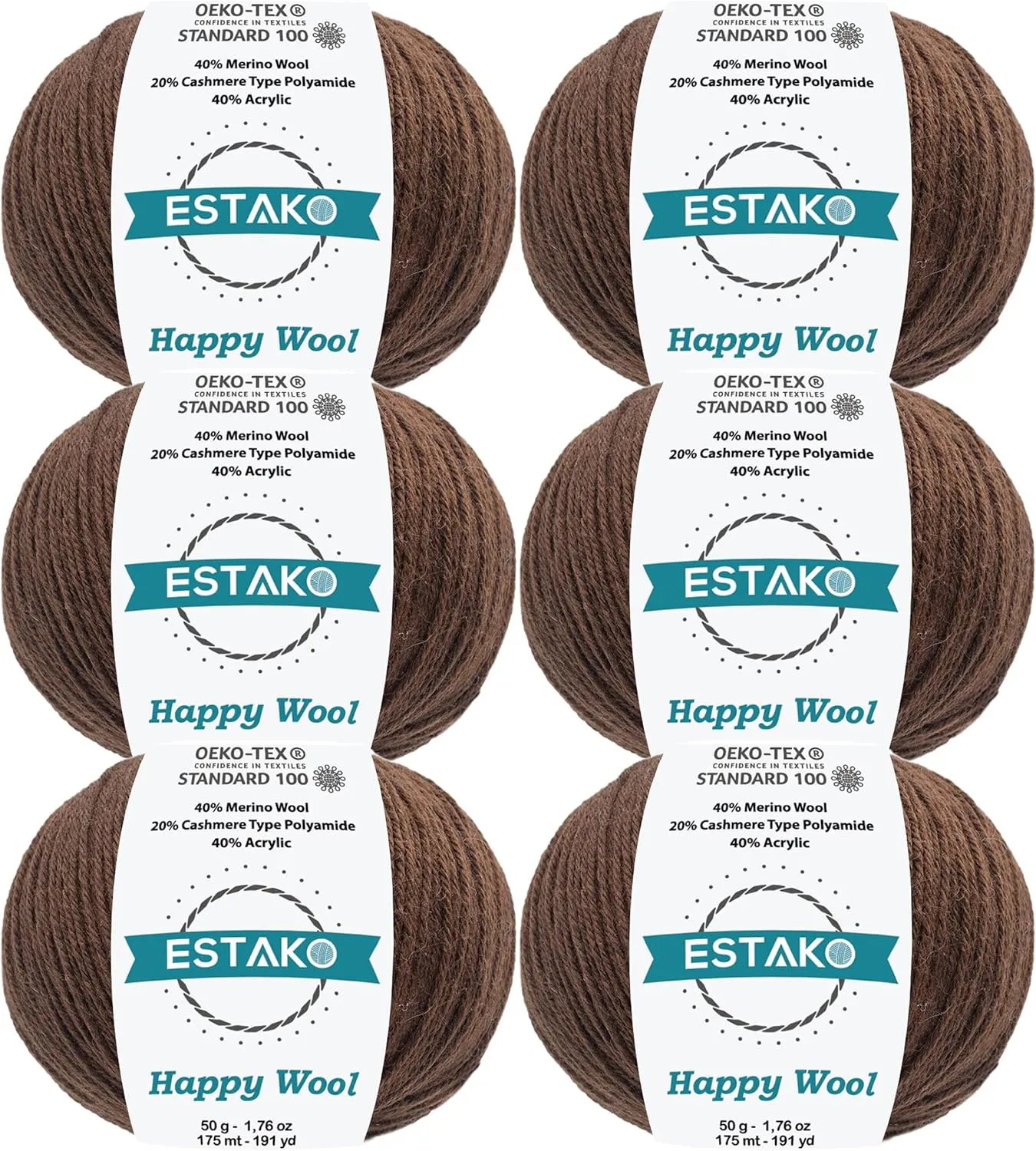 Estako Happy Wool (6 Skeins Pack) 40% Merino Wool 20% Cashmere Type Polyamide 40% Acyrlic Fingering Weight Soft Knitting and Crochet Yarn (6 x 1.76 oz) (6 x 191 yds) (8007 - Brown)