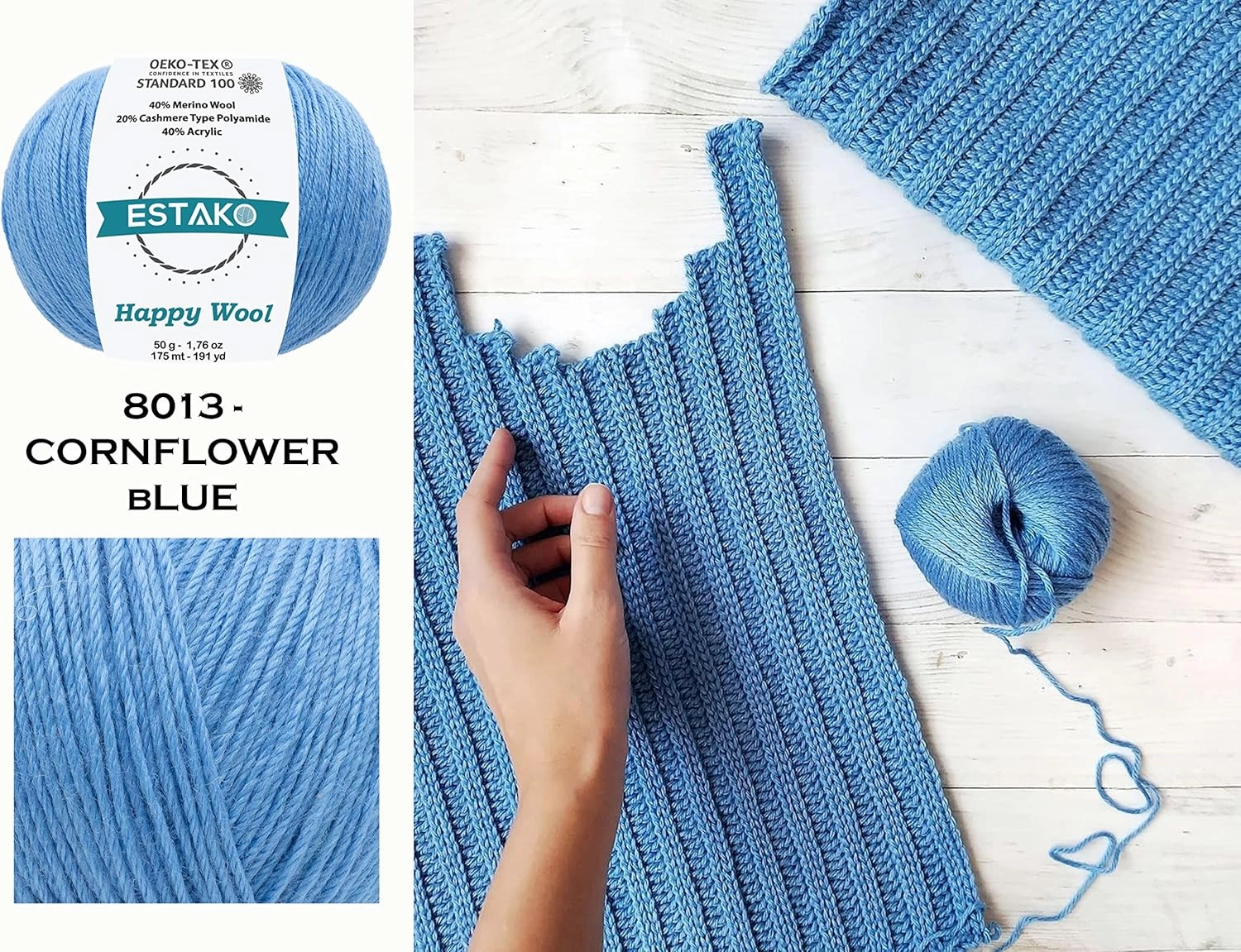 Estako Happy Wool (6 Skeins Pack) 40% Merino Wool 20% Cashmere Type Polyamide 40% Acyrlic Fingering Weight Soft Knitting and Crochet Yarn (6 x 1.76 oz) (6 x 191 yds) (8001 - White)