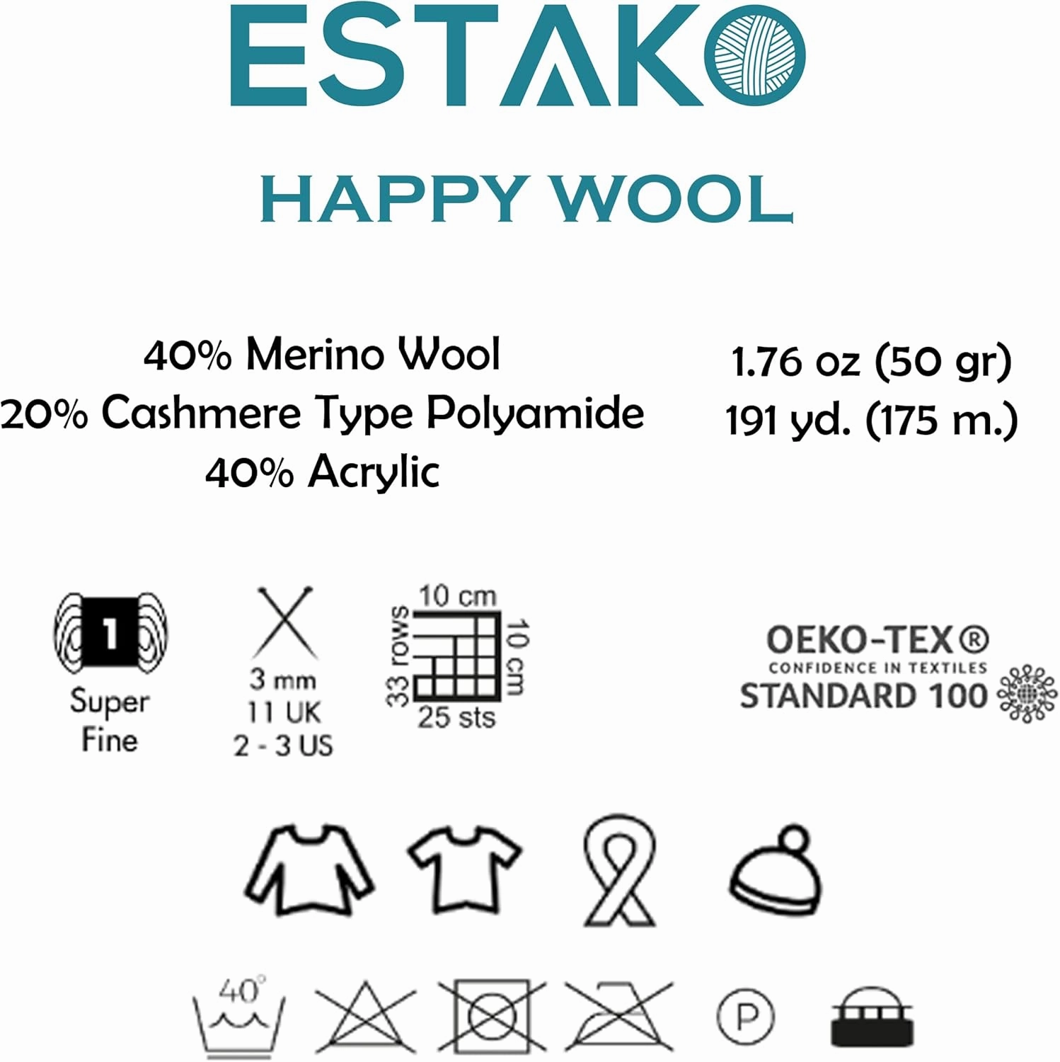 Estako Happy Wool (6 Skeins Pack) 40% Merino Wool 20% Cashmere Type Polyamide 40% Acyrlic Fingering Weight Soft Knitting and Crochet Yarn (6 x 1.76 oz) (6 x 191 yds) (8001 - White)