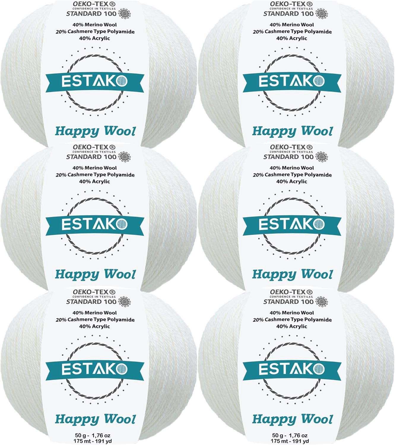Estako Happy Wool (6 Skeins Pack) 40% Merino Wool 20% Cashmere Type Polyamide 40% Acyrlic Fingering Weight Soft Knitting and Crochet Yarn (6 x 1.76 oz) (6 x 191 yds) (8001 - White)