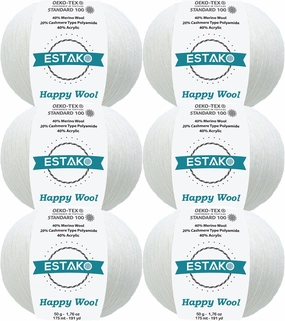 Estako Happy Wool (6 Skeins Pack) 40% Merino Wool 20% Cashmere Type Polyamide 40% Acyrlic Fingering Weight Soft Knitting and Crochet Yarn (6 x 1.76 oz) (6 x 191 yds) (8001 - White)