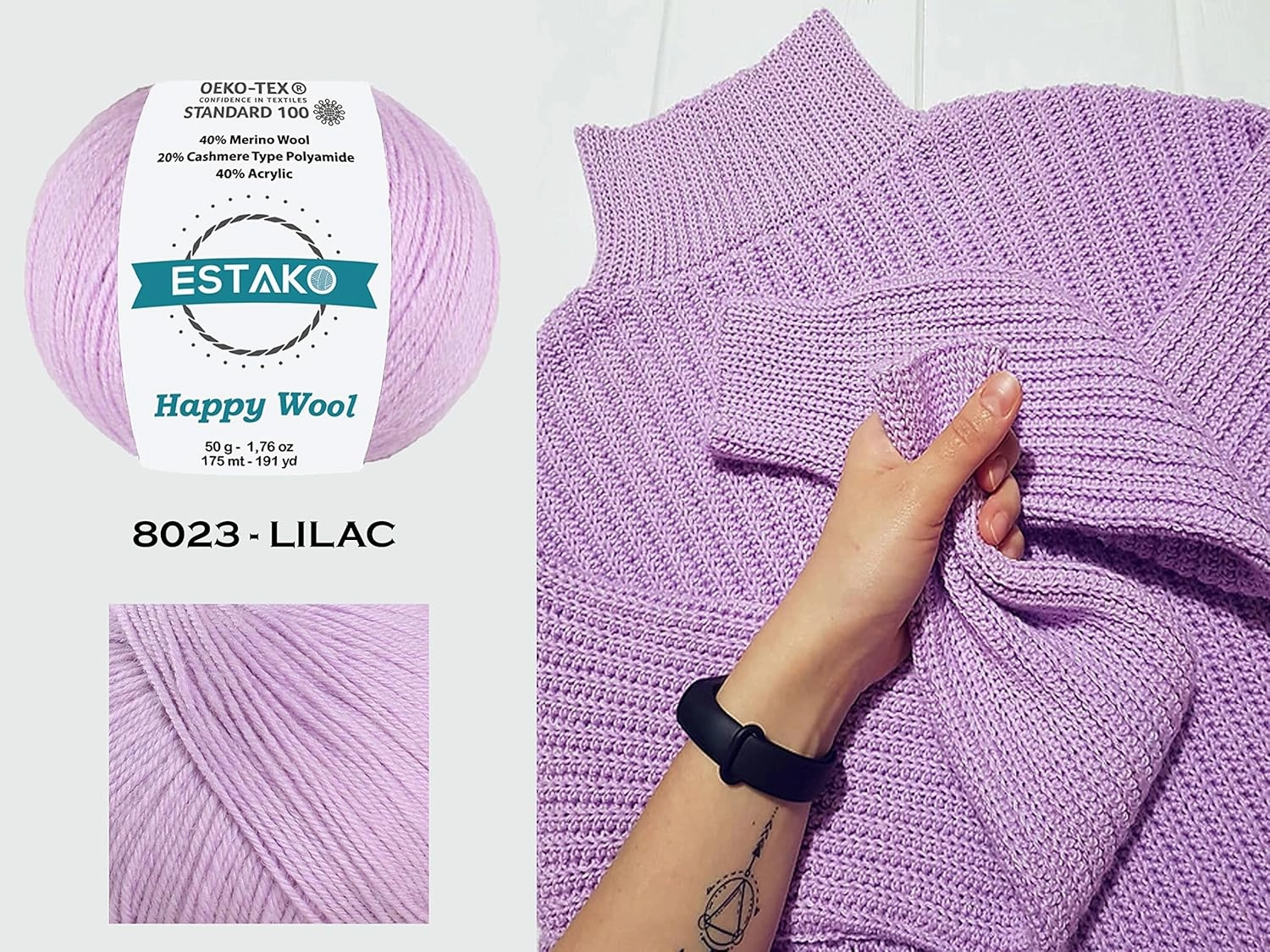 Estako Happy Wool (6 Skeins Pack) 40% Merino Wool 20% Cashmere Type Polyamide 40% Acyrlic Fingering Weight Soft Knitting and Crochet Yarn (6 x 1.76 oz) (6 x 191 yds) (8001 - White)