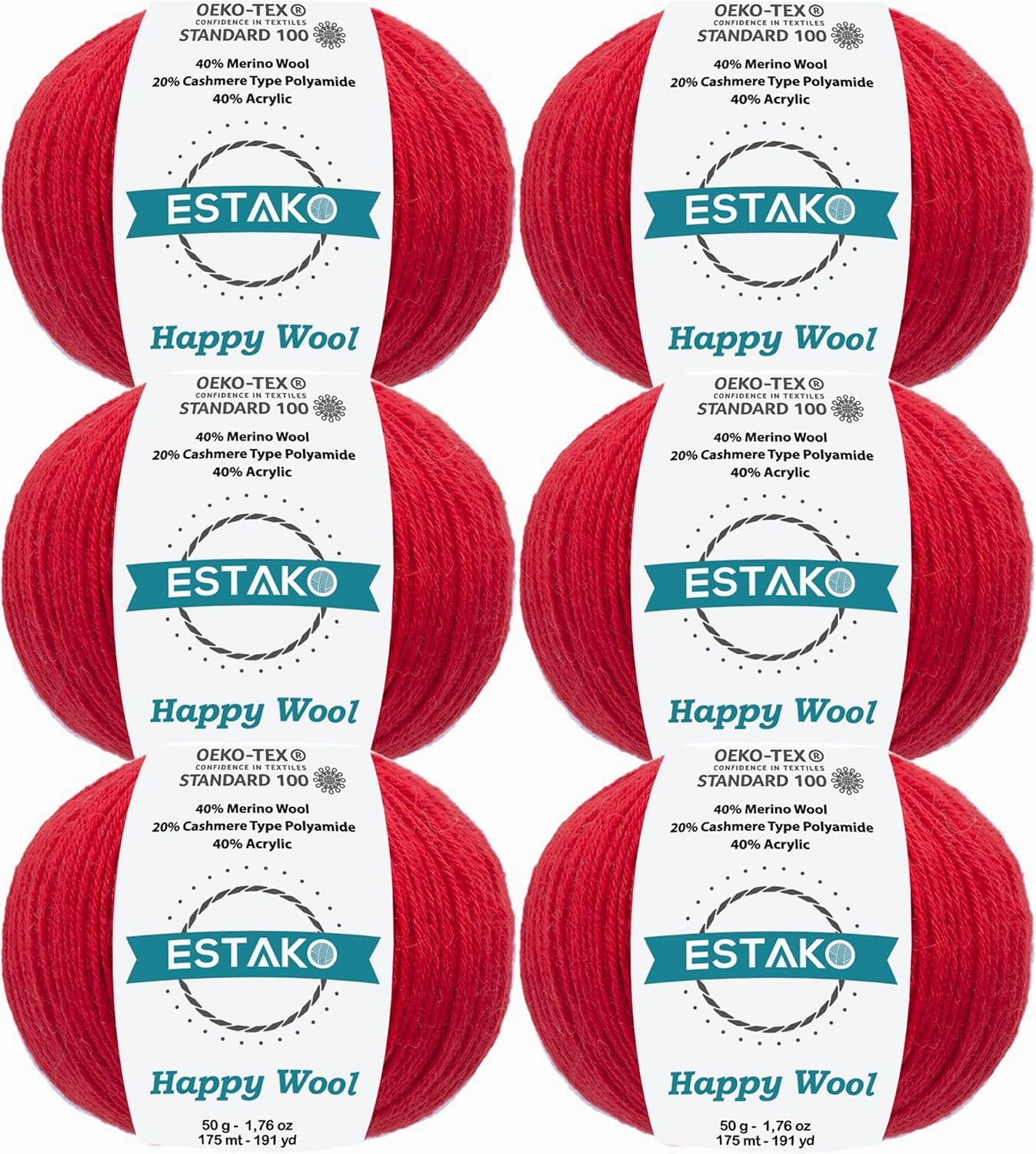 Estako Happy Wool (6 Skeins Pack) 40% Merino Wool 20% Cashmere Type Polyamide 40% Acyrlic Fingering Weight Soft Knitting and Crochet Yarn (6 x 1.76 oz) (6 x 191 yds) (8011 - Red)
