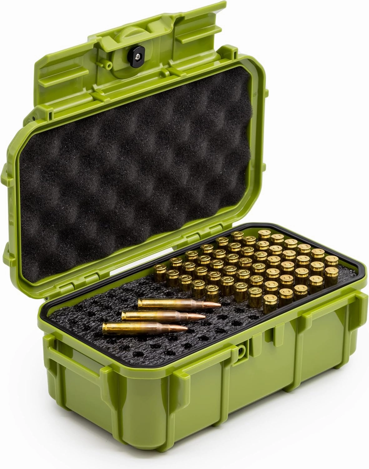 Evergreen 100 Rifle Round Ammo/Bullet Locking Storage Case - Waterproof Universal Ammo Can & Protective Case - Travel Safe/Mil Spec/USA Made - for storing 223 5.56 (57 Green)