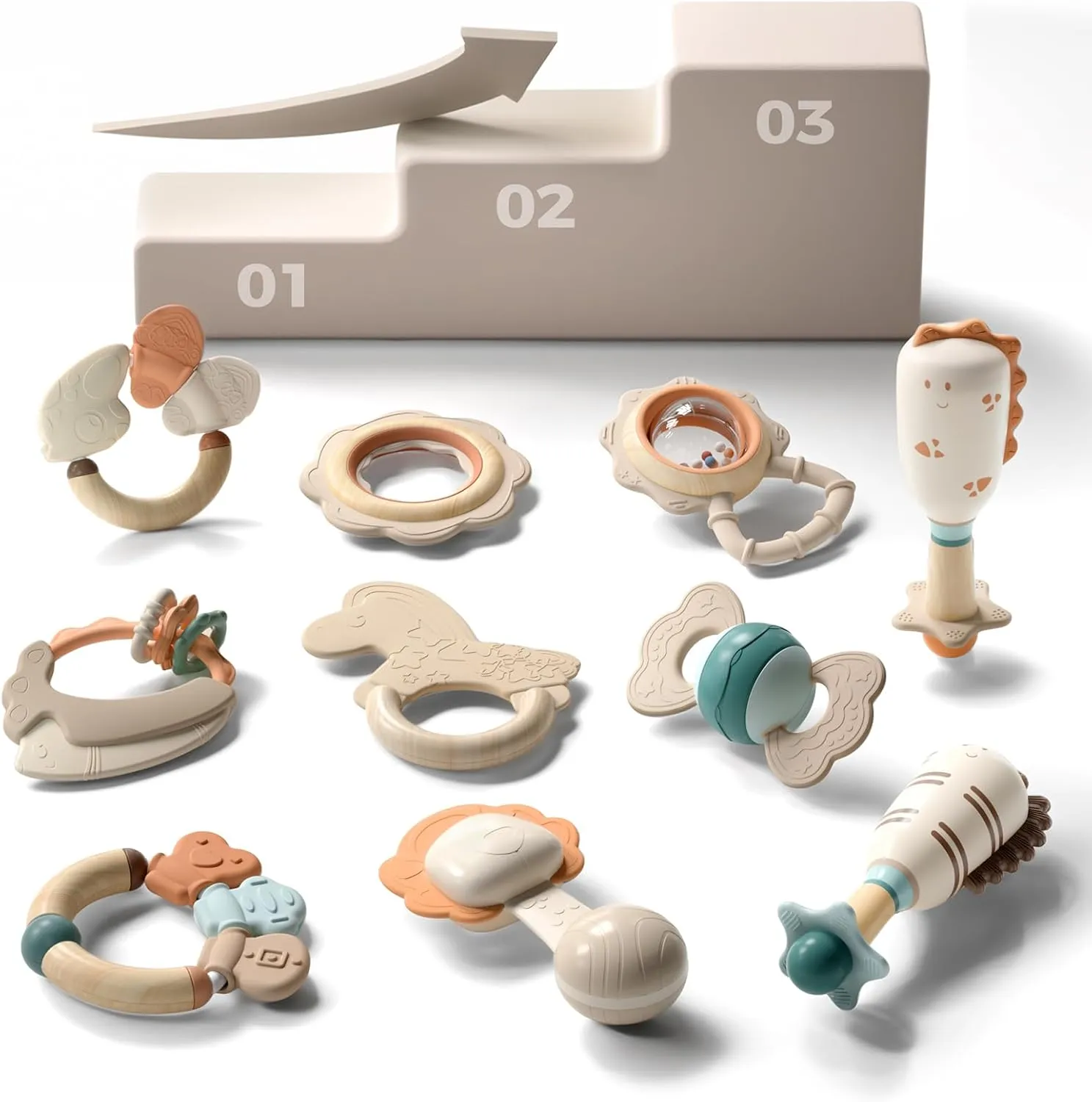 Evoceler Softness Staged Baby Teething Toys 3-6 Months with Rattles (30° Super Soft, 50° Soft, 70° Regular) - Grasping Shaker Baby Toys 0-6 Months - Infant Toys for Babies 0-12  Months, Newborn Gift