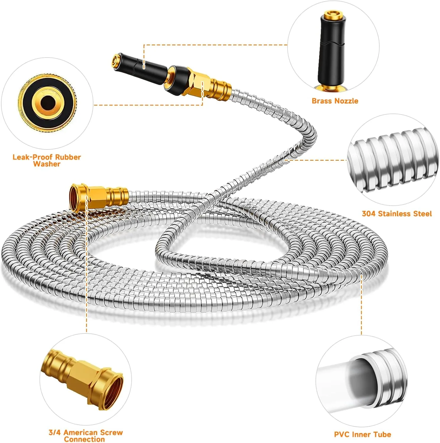 Expandable Metal Garden Hose 50 FT - 304 Stainless Steel Water Hose 50 FT - Lightweight non Kinking Flexible Garden Hose, no Bite