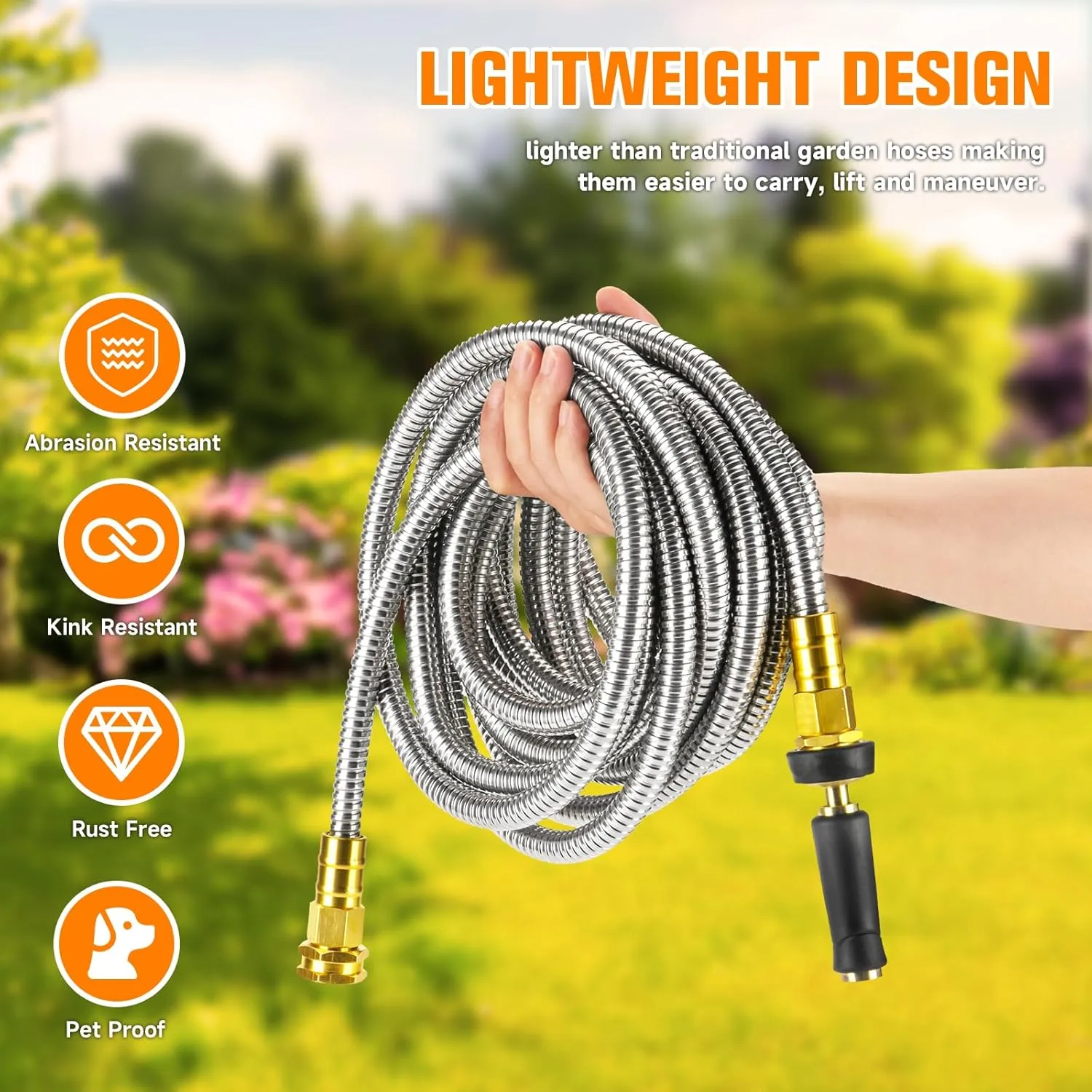 Expandable Metal Garden Hose 50 FT - 304 Stainless Steel Water Hose 50 FT - Lightweight non Kinking Flexible Garden Hose, no Bite