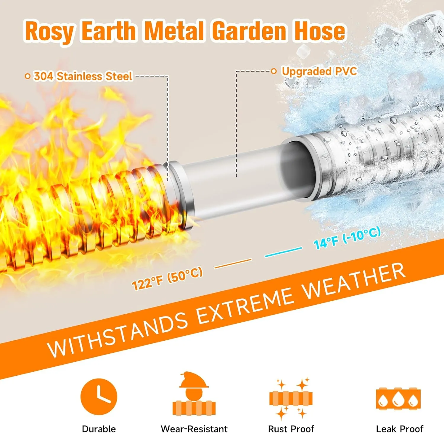 Expandable Metal Garden Hose 50 FT - 304 Stainless Steel Water Hose 50 FT - Lightweight non Kinking Flexible Garden Hose, no Bite