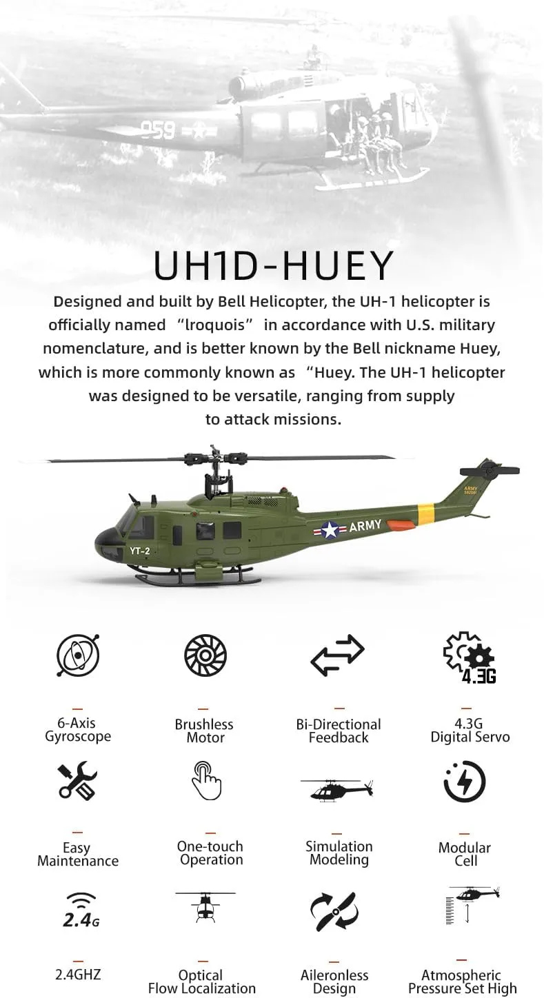 F07 UH-1 Huey RC Helicopters for Adults, 1/34 Scale 2.4G 6CH 6G/3D Brushless Direct-Drive Flybarless RC Aircraft Optical Flow Positioning/One Button Inverted Flight (2 Batteries)