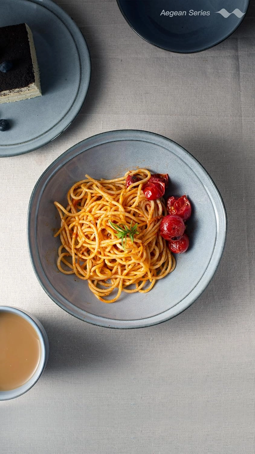 famiware Pasta Bowls Set of 4, 42oz Deep Salad Bowls for Eating - Aegean Stoneware Large Soup Bowl Dish Set - Microwave and Dishwasher Safe, Irregular Round, Blue Grey