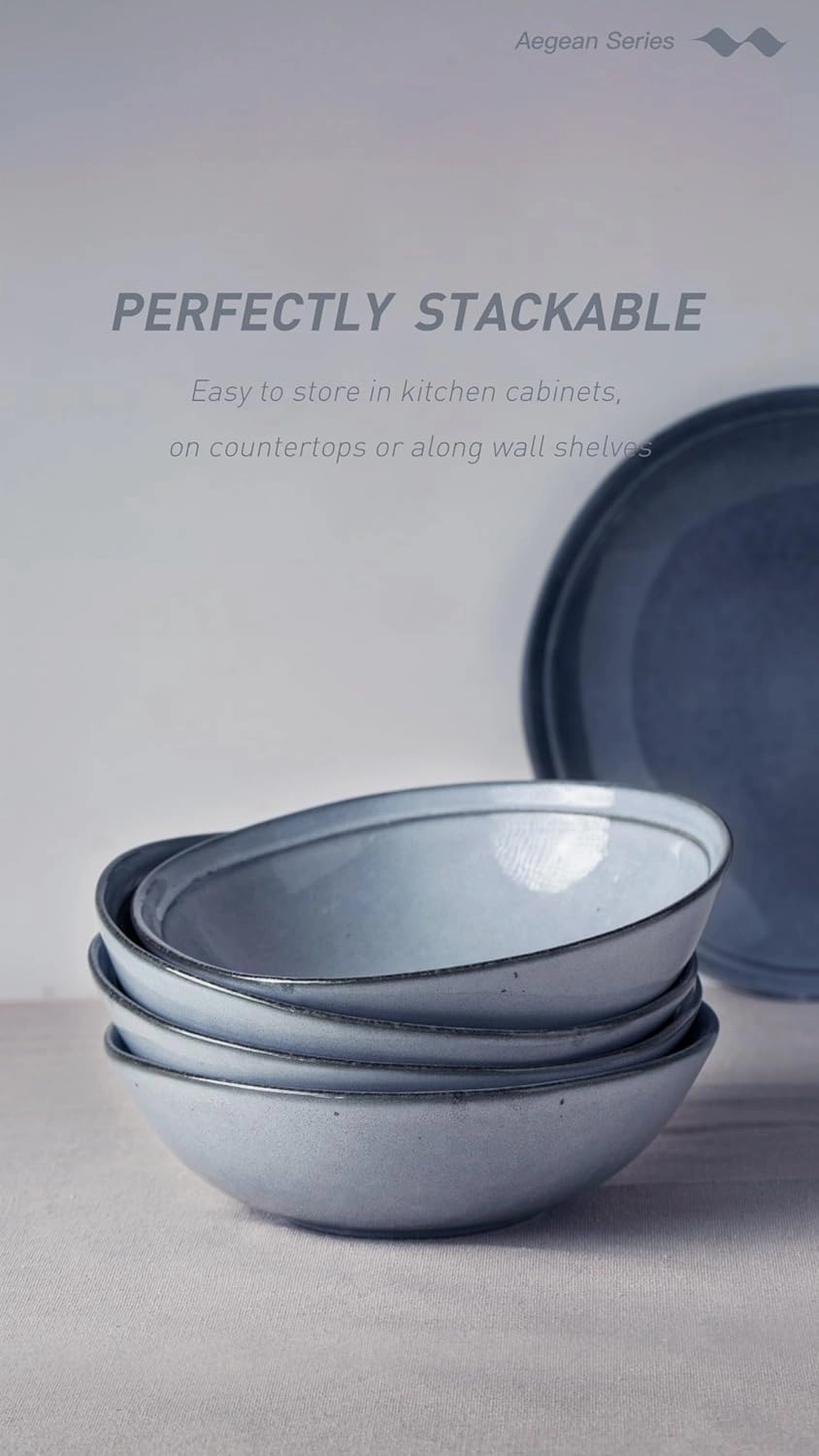famiware Pasta Bowls Set of 4, 42oz Deep Salad Bowls for Eating - Aegean Stoneware Large Soup Bowl Dish Set - Microwave and Dishwasher Safe, Irregular Round, Blue Grey