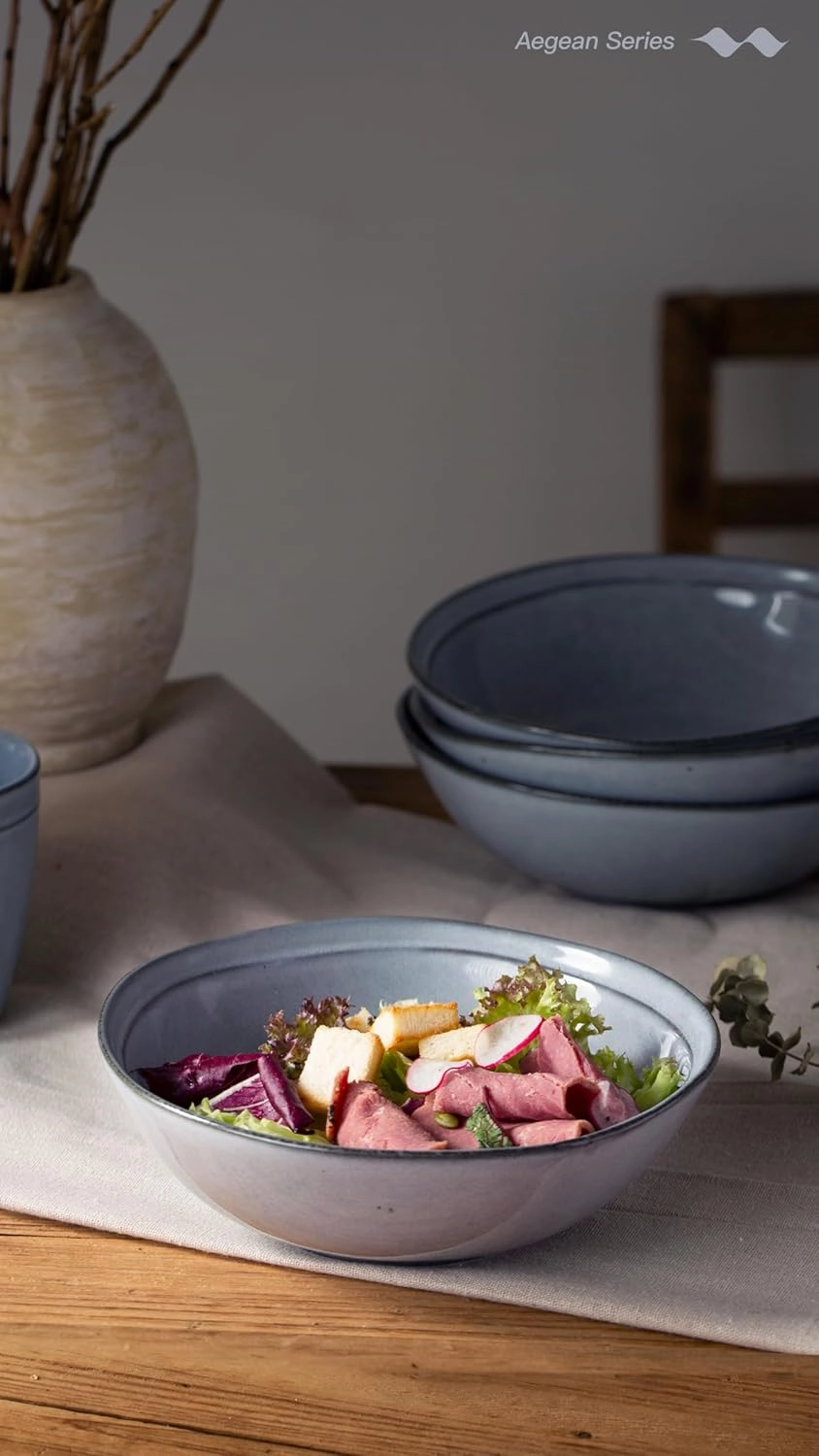 famiware Pasta Bowls Set of 4, 42oz Deep Salad Bowls for Eating - Aegean Stoneware Large Soup Bowl Dish Set - Microwave and Dishwasher Safe, Irregular Round, Blue Grey